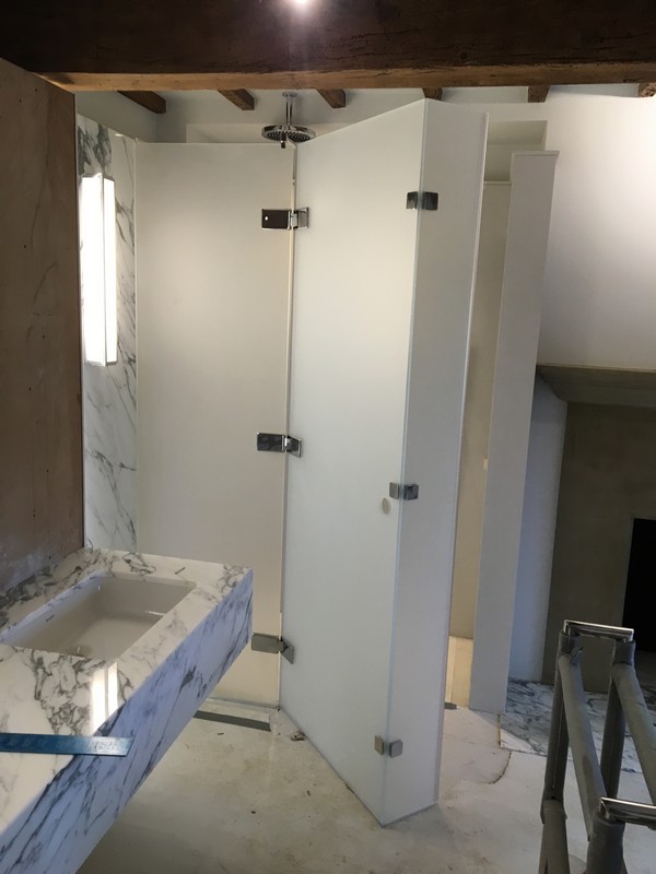 Bespoke frosted glass shower enclosure in Deptford luxury bathroom